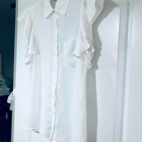 Sheer White David Lerner Ruffle Sleeve Button-Down - NWOT! - Picture 3 of 6